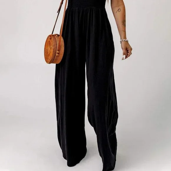 Black Casual Womens Solid Slant Pocket Cami Wide Leg Jumpsuit - Picture 4 of 5